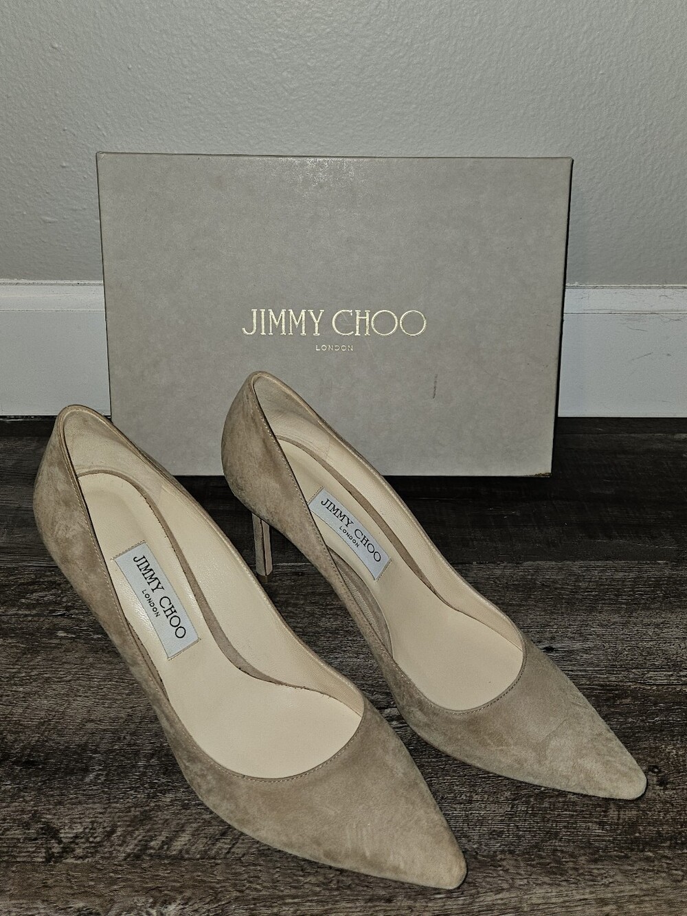 Jimmy Choo Romy 85 Womens Beige Suede Pointed-Toe Pumps